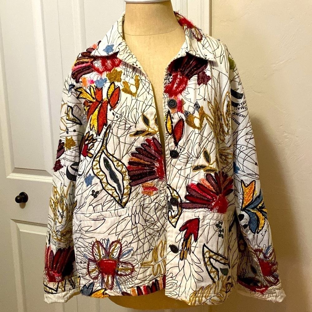 Chico’s Chore Jacket Womens M Floral oversized cottage Art To Wear Embroidered - Picture 2 of 12